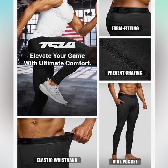 TSLA Men's Compression Pants, Cool Dry Workout Running Leggings with Pockets - Picture 5 of 11
